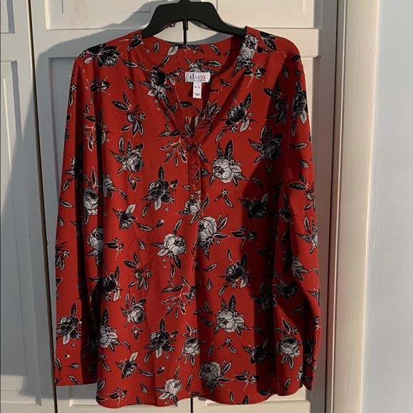 Denim&Co Tops - Denim & Co Rusty Red Floral V-Neck Long Sleeve Blouse EUC